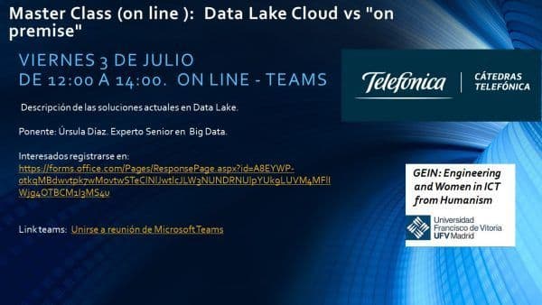 Participa en la master class ‘Data Lake Cloud vs on premise’, organizada por la Cátedra Telefónica UFV | UFV CatedraTelefonica_DataLakeVsOnPremise_V3-e1593158543334-1 Participa en la master class ‘Data Lake Cloud vs on premise’, organizada por la Cátedra Telefónica UFV | UFV Estudiar en Universidad Privada Madrid