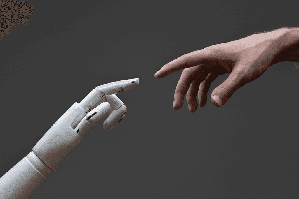 La revista ‘Comunicación y Hombre’ de la UFV explora el impacto de la inteligencia artificial y la digitalización en la identidad humana en su nuevo número | UFV a-robotic-arm-touching-human-hand-man-and-machine-2025-01-26-23-42-36-utcccc-1024x683 La revista ‘Comunicación y Hombre’ de la UFV explora el impacto de la inteligencia artificial y la digitalización en la identidad humana en su nuevo número | UFV Estudiar en Universidad Privada Madrid