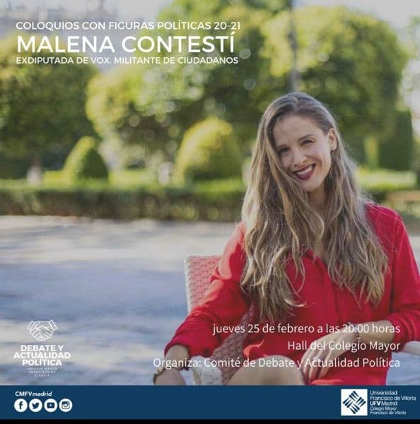 Malena Contestí, exdiputada de VOX y militante de Ciudadanos, visitará el Colegio Mayor el 25 de febrero | UFV malena-contestí-colegio-mayor Malena Contestí, exdiputada de VOX y militante de Ciudadanos, visitará el Colegio Mayor el 25 de febrero | UFV Estudiar en Universidad Privada Madrid