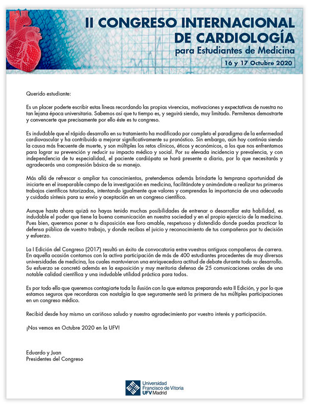 II CONGRESO INTERNACIONAL DE CARDIOLOGÍA PARA ESTUDIANTES v3 carta presidentes congreso cardiologia 1 II CONGRESO INTERNACIONAL DE CARDIOLOGÍA PARA ESTUDIANTES v3 Estudiar en Universidad Privada Madrid