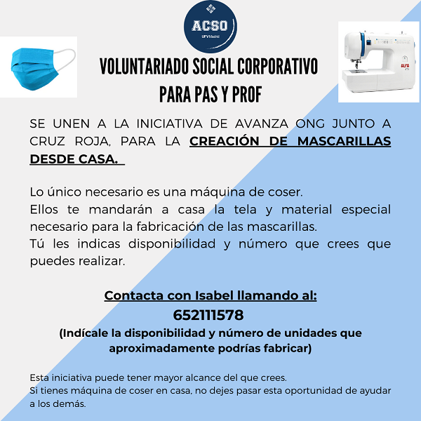 VOLUNTARIADO CORPORATIVO 1 La UFV se une a la iniciativa de Avanza ONG y Cruz Roja para fabricar mascarillas desde casa Estudiar en Universidad Privada Madrid